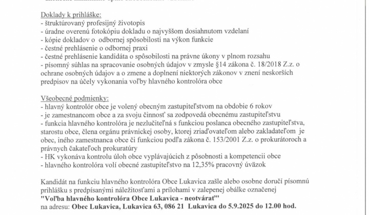 1. fotografia fotogalérie Výberové konanie na Hlavného kontrolóra Obce Lukavica - foto