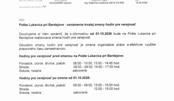 Fotka - Zmena otváracích hodín pošta v Lukavici