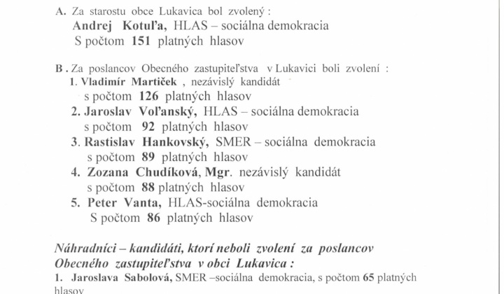 Fotka - Výsledky volieb v obci Lukavica